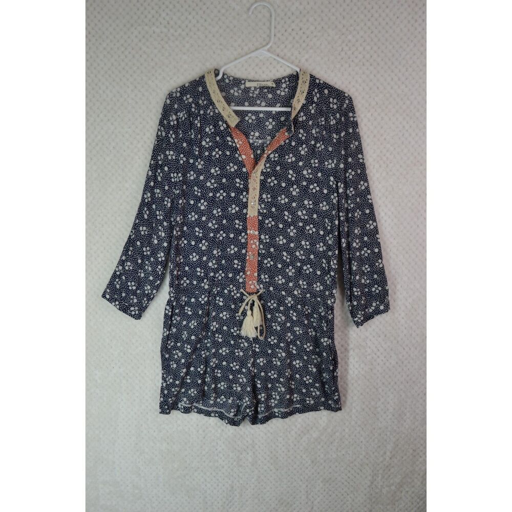 Ellison Women's Large Blue Floral 3/4 Sleeve One Piece Romper